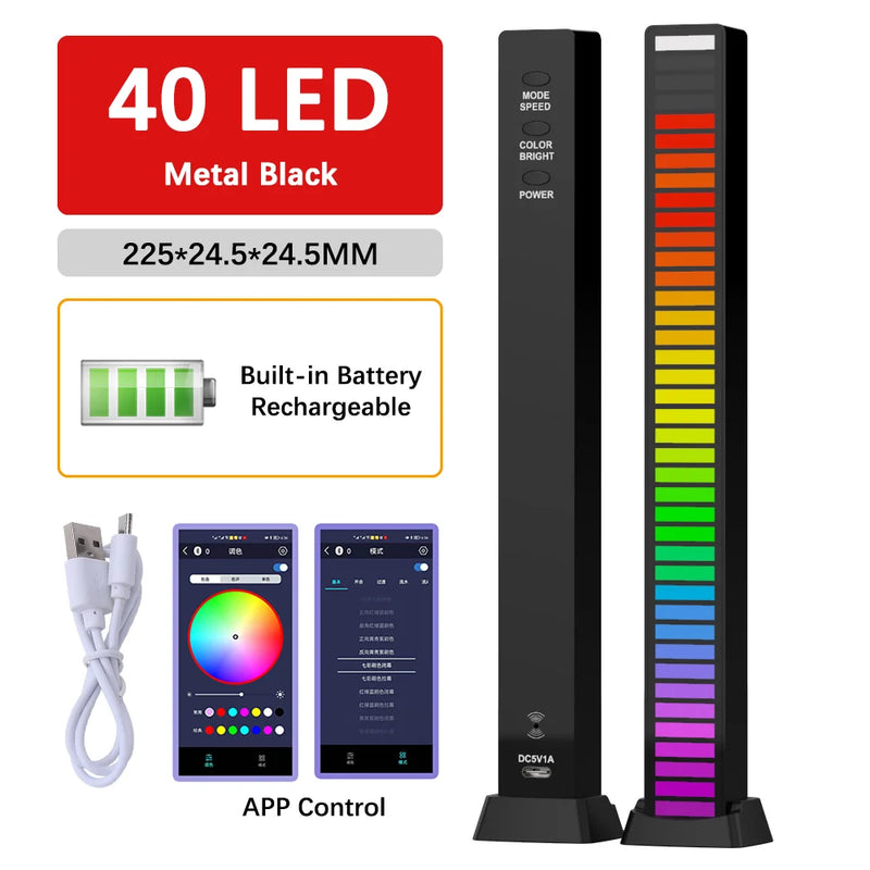 Barra de luz LED ativada por som RGB, captação de música, luzes de voz, lâmpada ambiente, estética, decoração de jogos, 16, 32, 40