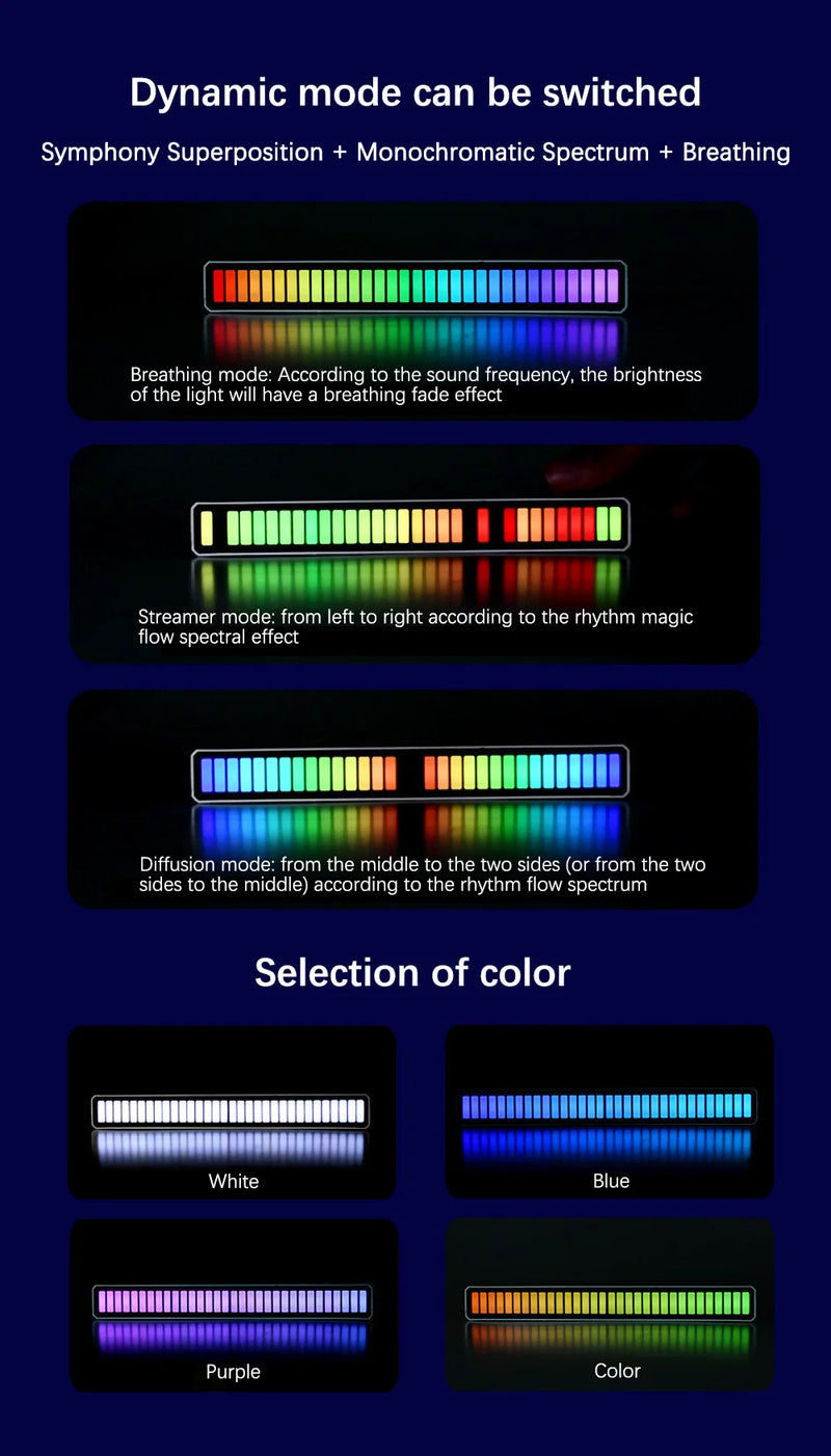 Barra de luz LED ativada por som RGB, captação de música, luzes de voz, lâmpada ambiente, estética, decoração de jogos, 16, 32, 40