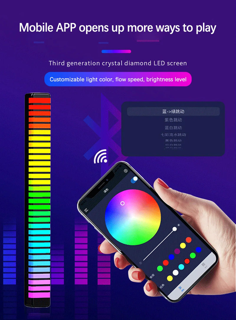 Barra de luz LED ativada por som RGB, captação de música, luzes de voz, lâmpada ambiente, estética, decoração de jogos, 16, 32, 40