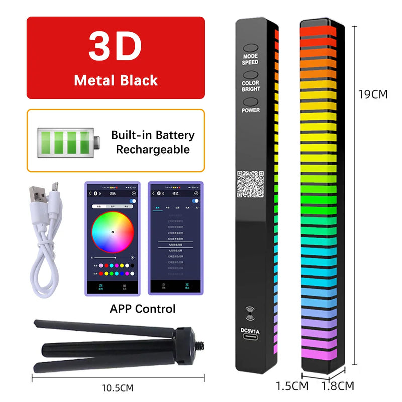 Barra de luz LED ativada por som RGB, captação de música, luzes de voz, lâmpada ambiente, estética, decoração de jogos, 16, 32, 40